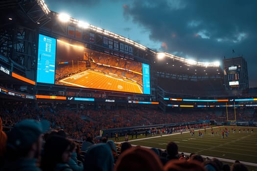 A large video screen displays a football game at night. The screen is showing a close-up of the field, and the players can be seen running and playing. A crowd of people watches the game from the stands.