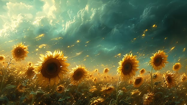 A field of sunflowers is bathed in golden light, their petals swaying gently in a summer breeze. The sky above is a canvas of dramatic, swirling clouds, adding a sense of movement and drama to the scene.