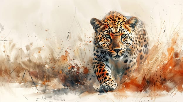 A watercolor painting of a leopard walking through tall grass. The leopard is walking towards the viewer, with its head held high and its eyes focused. The background is a soft blur of browns and tans, creating a sense of depth and movement.