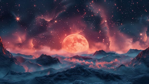 A full, red moon rises over a mountain range at night, with a starry sky filled with clouds and a hint of pink light.