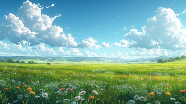 This image shows a beautiful, wide open green field with wildflowers and a single, dark animal in the distance. The field is surrounded by a rolling hillside and a blue sky with white clouds. The scene is idyllic, peaceful, and tranquil, perfect for a summer day.