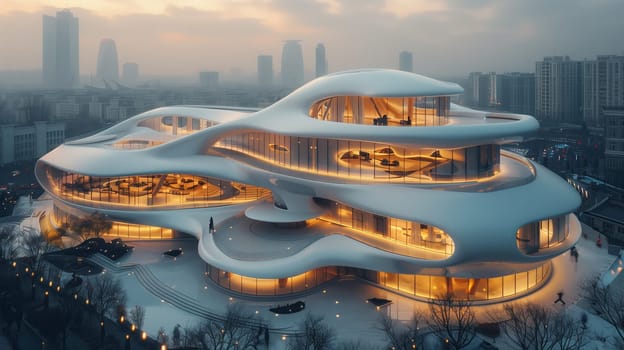 An aerial view of a modern building with a unique, organic design. The building appears to be multi-story, with curved walls and large windows. The building is illuminated from within, casting a warm glow on the surrounding landscape. The image was taken at dusk, with a city skyline visible in the background.