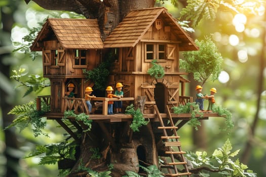A miniature treehouse built from wood is being constructed by small figurines wearing yellow hard hats. The treehouse is nestled high in a tree, surrounded by lush greenery. The sunlight filters through the leaves, casting a warm glow on the scene.