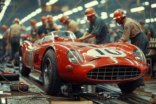 A red Ferrari race car is being prepared in a factory setting, with mechanics in hard hats and work clothes gathered around the vehicle. The car has a number 10 on the hood, and the image captures a moment of focused activity and anticipation for the race ahead.