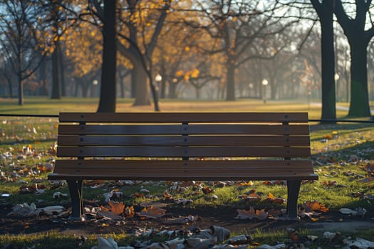 A wooden park bench stands empty in the middle of a park on a crisp autumn morning. The sunlight filters through the trees, casting long shadows on the ground. The leaves are starting to change colors, creating a vibrant scene. The bench is made of sturdy wood with a simple design, inviting visitors to sit and enjoy the peaceful surroundings.