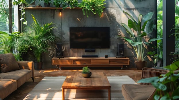 This image showcases a modern living room with a large television mounted above a wooden entertainment center. There are several plants in the room, including a large palm tree in the corner. The room has a light and airy feel, with natural light coming in through the windows. The furniture is a mix of modern and traditional styles, and there is a comfortable-looking couch and a coffee table in the center of the room.