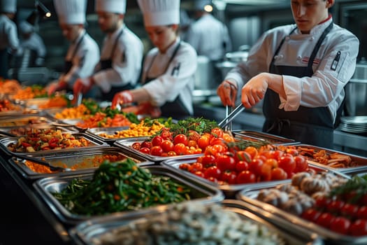 A buffet line filled with fresh, colorful food is being served by chefs in white uniforms. The image captures a moment of activity and preparation during a catering event.
