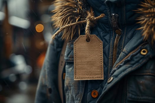 A close up image of a blank tag tied to the zipper of a blue winter jacket. The tag is made of brown paper and is tied with a thick rope. The jacket has a furry hood and is likely worn by someone outdoors.