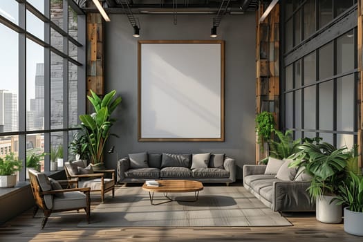 A modern loft living room with large windows showcasing a city view. The room features a gray sectional sofa, a wooden coffee table, two armchairs, and several potted plants. The walls are painted a muted gray and the floor is hardwood. A large framed canvas hangs on the wall behind the sofa, providing a blank space for art or decor.