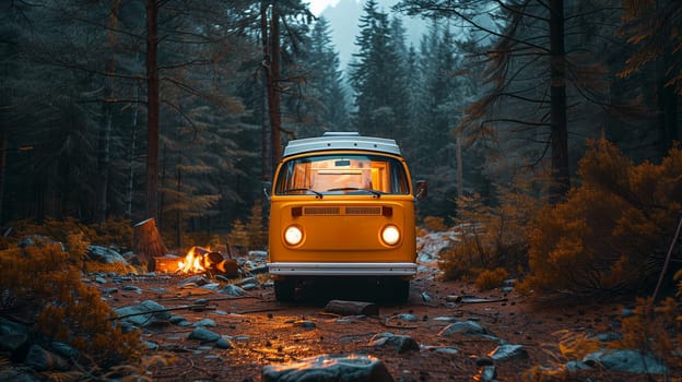 A yellow camper van is parked on a dirt road in a dense forest. A small campfire is burning in the foreground, casting a warm glow on the surrounding trees and rocks. The vans headlights are on, illuminating the road ahead. The image captures the peaceful and serene atmosphere of a camping trip in the wilderness.