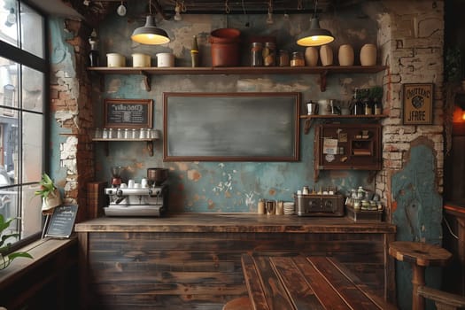 This image shows the interior of a rustic coffee shop. The walls are made of exposed brick, and the counter is made of dark wood. There are several shelves filled with various items, including jars of coffee beans, mugs, and other decorations. A vintage espresso machine sits on the counter, and a chalkboard hangs on the wall. There is a window in the back, letting in natural light. The overall atmosphere is cozy and inviting.