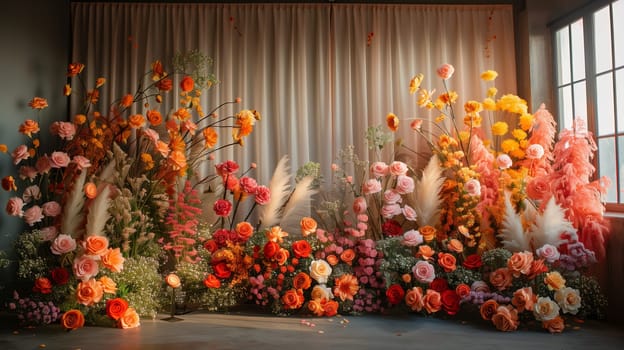 A vibrant and eclectic floral arrangement featuring a variety of flowers, including roses, carnations, and pampas grass, is displayed in front of a backdrop of cream curtains with natural light streaming in from a window. The arrangement boasts a diverse palette of colors, including pink, orange, yellow, and red, creating a visually stunning and eye-catching display.