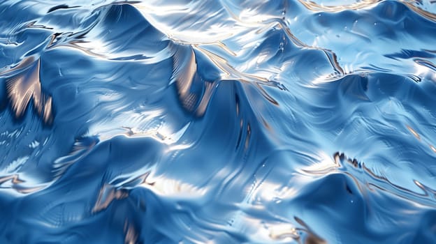 A close-up shot of blue water waves rippling in the sunlight, creating an abstract and textured pattern. The light reflects off the surface, casting shimmering highlights across the water.