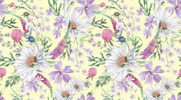 Summer seamless pattern with daisy clover flowers and other wildflowers drawn