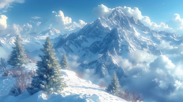 A picturesque landscape of a snow-covered mountain peak, with a clear blue sky and fluffy white clouds. The peak is surrounded by a range of snow-capped mountains, and there are a few small trees in the foreground. The scene is serene and peaceful, and it evokes a sense of tranquility and wonder.