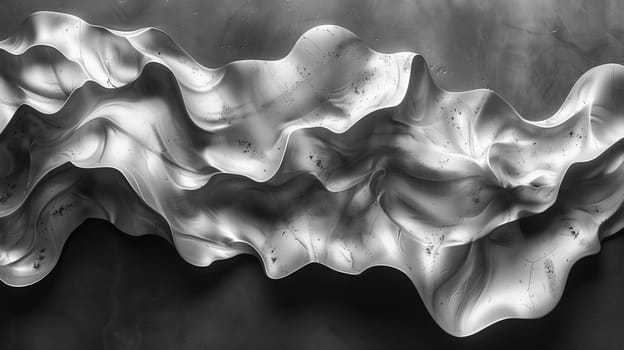 The image showcases a close-up of a modern abstract metal sculpture with a wavy, flowing form. The sculptures surface is crafted with intricate details, creating a visually captivating play of light and shadow. The sculptures smooth, metallic texture reflects light, adding depth and dimensionality to the piece.