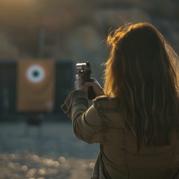 Rear view of a young woman pointing a gun at a target. Shooting practice.