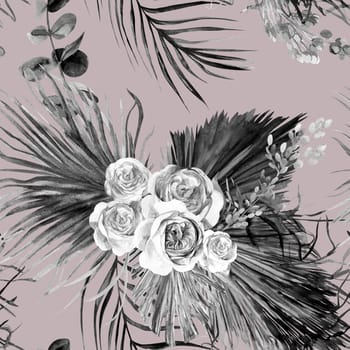 Watercolor black and white pattern with a bouquet of tropical dried flowers and rose flowers in Boho style for postcards