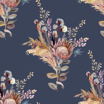Botanical seamless pattern with bouquet of dried protea flowers and tropical dried flowers on dark blue background for summer textile and surface design