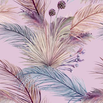 Watercolor seamless pattern with dry palm leaves on a pink background in boho style for textile and girlish design