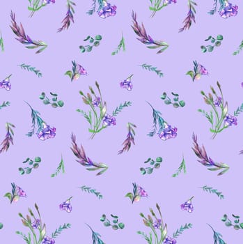 Seamless pattern with eustoma flowers painted with watercolors and pencils on a purple background. Summer print for womens womens clothing, textiles and surface design