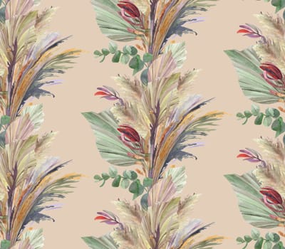 Seamless summer pattern with tropical herbarium of dry palm branches and pampas grass on a light beige background. Botanical motif for textile and surface design.