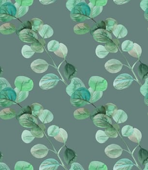 Watercolor seamless pattern with eucalyptus branches. Evergreen repeating texture on green background. Pattern for wrapping paper, print or fabric