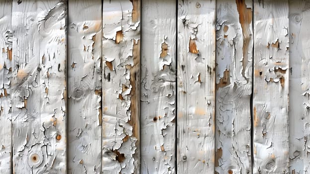A close-up image of weathered wooden boards with peeling grey paint. The wood is worn and cracked, showing the natural wood underneath. The paint is flaking off in large chunks, revealing the texture of the wood. The image is a study in the effects of time and weather on wood.