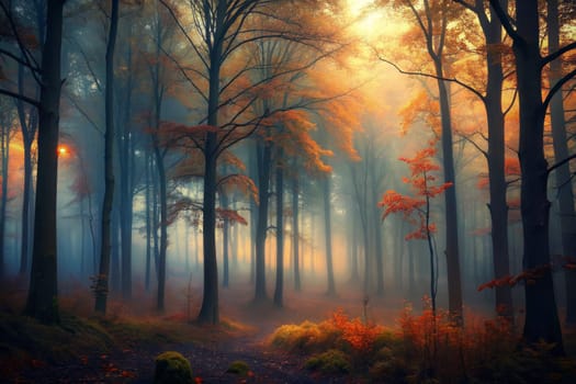 A mystical scene of an autumn forest bathed in golden light, with mist swirling between tall trees and vibrant foliage. The sun peeks through the canopy, casting long shadows and creating a sense of wonder.
