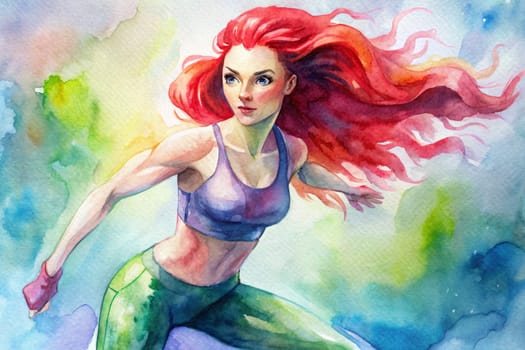 A watercolor painting depicts a woman with flowing red hair, wearing a purple sports bra and green pants, as she leaps through the air. The painting is set against a backdrop of vibrant colors, creating a sense of movement and energy.