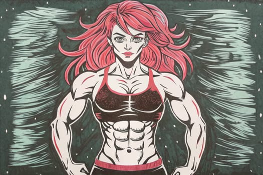 A hand-drawn illustration depicting a female boxer in a green tank top and pink shorts, standing with a fierce gaze in a dark, starlit setting. The illustration captures the intensity and determination of the fighter, emphasizing her strength and resilience.