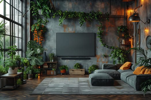 A modern industrial living room with a large television mounted on the wall. The room is decorated with lush greenery, including hanging plants and potted plants. There is a large, comfortable couch with orange pillows, a wooden coffee table, and a large window overlooking the outdoors. The overall aesthetic is stylish and inviting, blending elements of industrial design with a touch of nature.