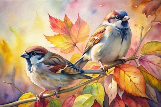 A watercolor painting depicting two sparrows perched on a branch adorned with vibrant autumn leaves. The birds are rendered in delicate detail, showcasing their feathery plumage and expressive eyes. The background is a wash of soft colors, creating a sense of peace and tranquility.