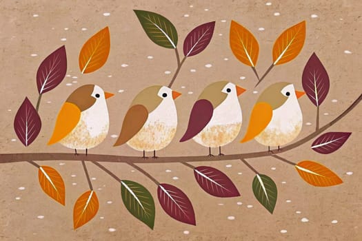 A digital illustration depicting four birds perched on a branch, surrounded by colorful autumn leaves. The birds are painted in a simple, stylized manner, with white bodies, brown wings, and orange accents. The leaves are in shades of orange, green, and purple, suggesting the changing season. The background is a light brown with scattered white dots.