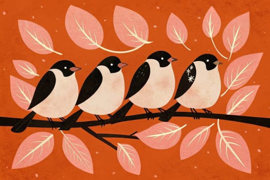 An illustration of three stylized birds perched on a branch with pink leaves against a bright orange background. The birds are white and black, with large eyes and rounded bodies. The leaves are delicate and whimsical, adding to the overall cheerful and playful mood of the artwork.