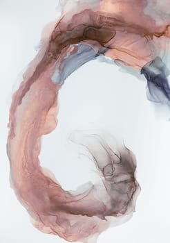 A close-up of a swirling abstract ink painting in shades of brown, pink, and gray against a white background.