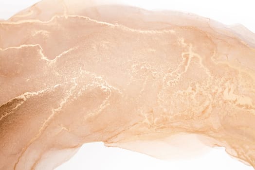 A close-up of a modern abstract painting featuring a swirling, peach-colored background with gold veins.