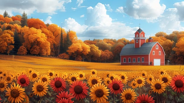 A red barn stands proudly in a field of sunflowers, with a backdrop of vibrant golden autumn trees. The sky is a brilliant blue with fluffy white clouds, creating a picturesque scene of rural beauty.