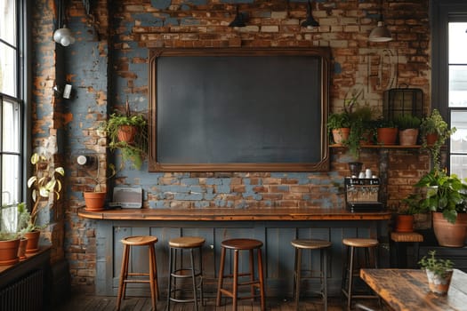 This photo shows the interior of a coffee shop with a rustic brick wall, wooden bar stools, and a large framed chalkboard. There are several potted plants adding to the warm and inviting atmosphere.