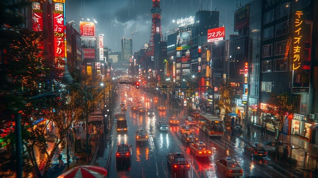 A bustling street in Tokyo at night, illuminated by neon signs and streetlights. The rain falls heavily, reflecting off the wet asphalt and creating a shimmering effect. Cars and buses navigate the busy streets, while pedestrians weave their way through the crowd. The citys vibrant energy is palpable, even in the pouring rain.