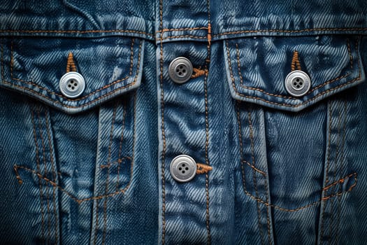 A close-up shot of the front of a denim jacket, showing the buttons, stitching, and pockets. The fabric is a faded blue denim with visible wear and tear.