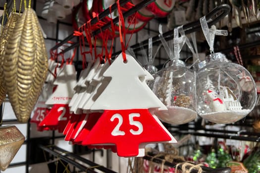 Red christmas decorations balls for the Christmas tree are sold in the store