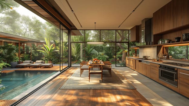 This image shows a modern kitchen and dining room with floor-to-ceiling windows overlooking a swimming pool and lush tropical landscaping. The space is decorated with a minimalist aesthetic, featuring a wooden dining table with chairs, a sleek kitchen island with stainless steel appliances, and wooden cabinets and shelves. Natural sunlight streams through the windows, casting warm rays onto the hardwood floors.