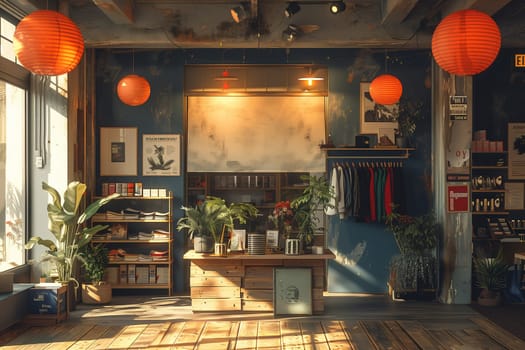 A well-lit, modern boutique interior with a wooden counter and shelves stocked with various items. The room features hanging lamps, plants, and a blue wall with a window revealing the outdoors. Sun shines through the window, illuminating the space.