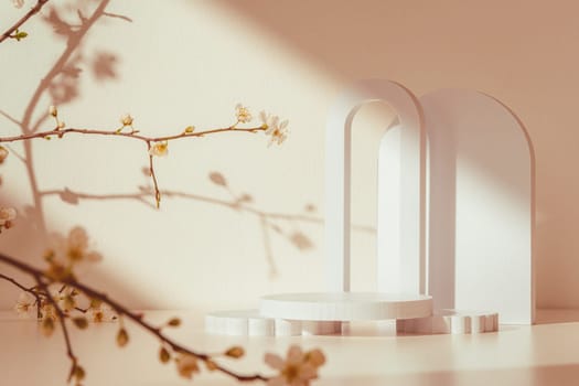 Blooming spring branches with flowers and its shadow on beige background in studio