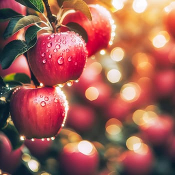 Ripe red apples on a tree in the garden with drops of dew or rain. AI generated.