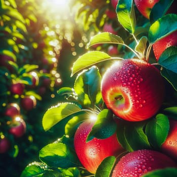 Ripe red apples on a tree in the garden with drops of dew or rain. AI generated.