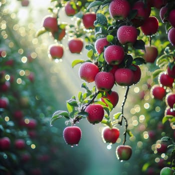 Ripe red apples on a tree in the garden with drops of dew or rain. AI generated.