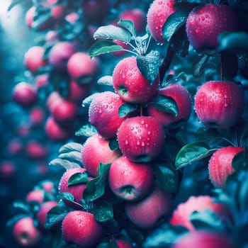 Ripe red apples on a tree in the garden with drops of dew or rain. AI generated.