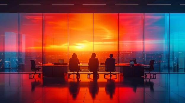 Three people are seated at a large conference table in an office, facing a large window that shows a vibrant orange sunset over a city skyline. The silhouettes of the people against the sunset create a dramatic and striking image.